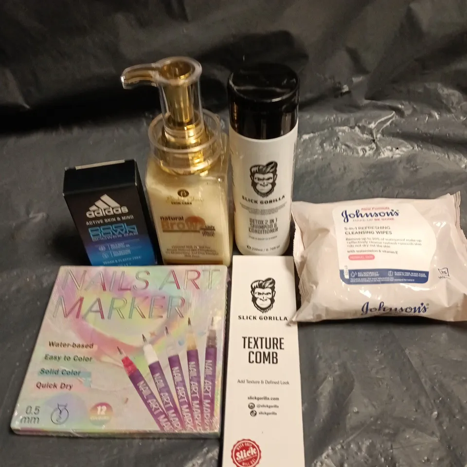 APPROXIMATEY 20 ASSORTED HEALTH AND BEAUTY PRODUCTS TO INCLUDE - SLICK GORILLA 2-IN-1 SHAMPOO & CONDITIONER - JOHNSON'S 5-IN-1 REFRESHING CLEANSING WIPES AND ADIDAS COOL DOWN SHOWER BAR