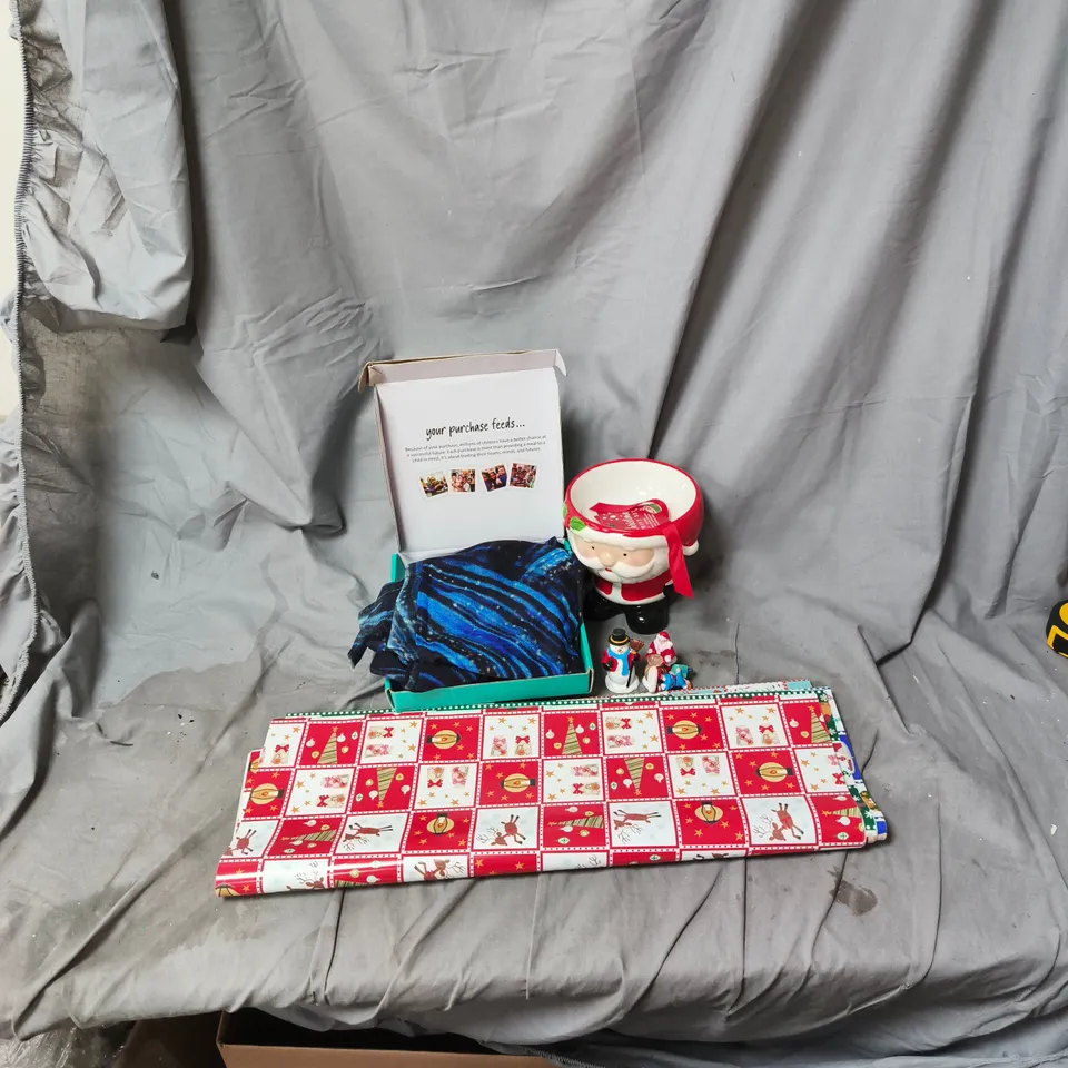 BOX OF APPROXIMATELY 30 ASSSORTED HOUSEHOLD ITEMS INCLUDING LA MAREY SCARF, XMAS WRAPPING PAPER, XMAS MINITURE FIGURES, XMAS CERAMIC BOWL