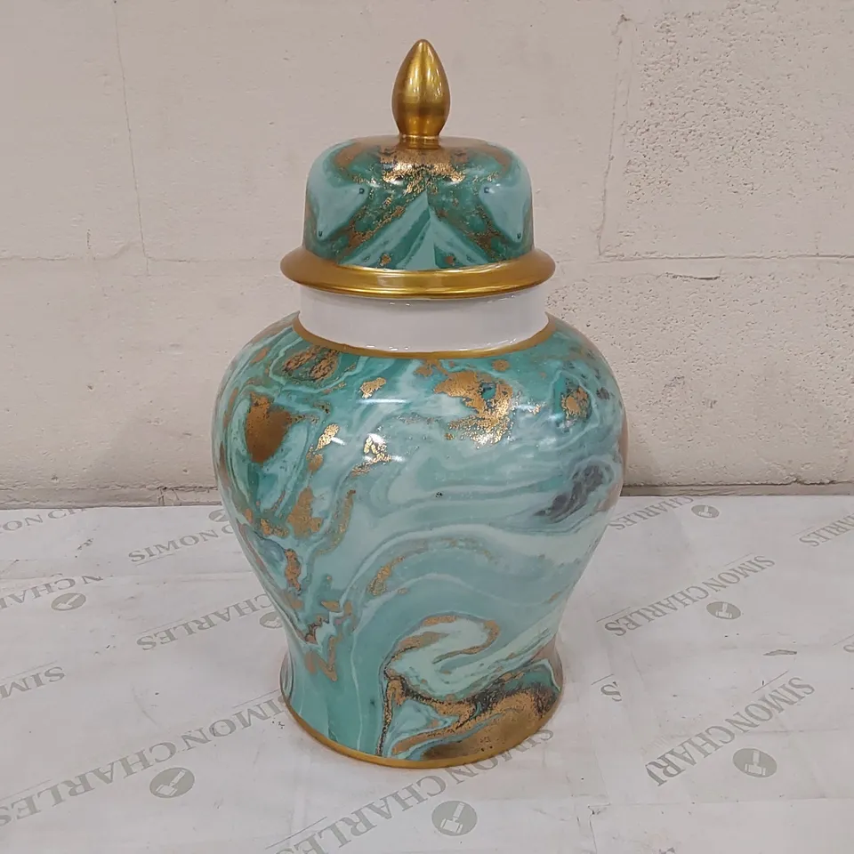 BOXED BLUE WHITE GOLD ABSTRACT GINGER JAR (1 BOX)