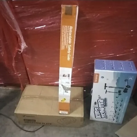 PALLET OF ASSORTED PRODUCTS AND HOUSEHOLD GOODS TO INCLUDE;KIDS SCOOTER,RETRACTABLE SAFETY GATE,VIBRATION PLATE