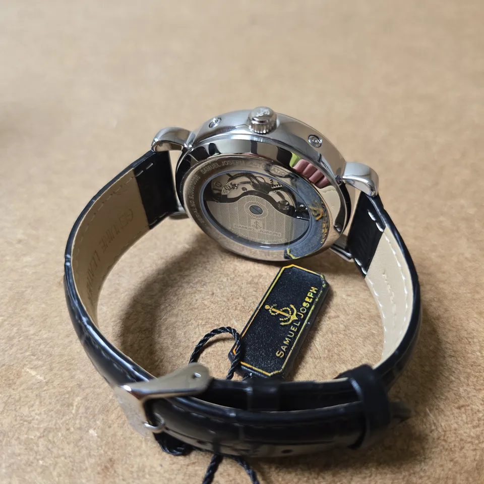 BOXED SAMUEL JOSEPH AUTOMATIC LIMITED EDITION SILVER TONE WATCH WITH WHITE DIAL