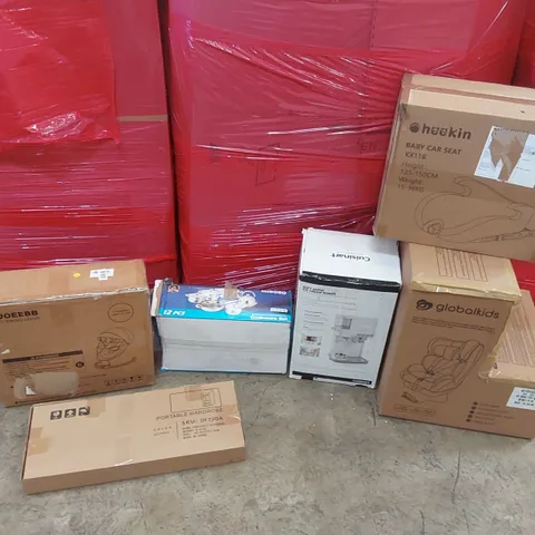 PALLET OF ASSORTED ITEMS INCLUDING: BABY CAR SEATS, BABY AUTO SWING CHAIR, ICE CREAM MAKER, COOKWARE SET, PORTABLE WARDROBE ECT