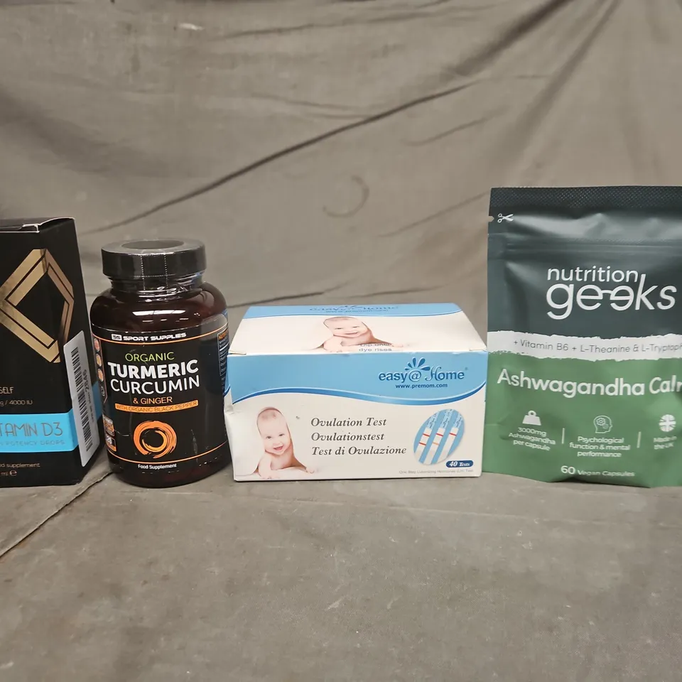 TOTE OF APPROXIMATELY 15 ASSORTED HEALTHCARE PRODUCTS TO INCLUDE OVULATION TESTS - NUTRITION GEEKS SUPPLEMENTS AND SUPERSELF VITAMIN D3 DROPS