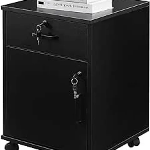 CLIPOP MODERN LOCKABLE FILE CABINET WOODEN DRAWER FILING CABINET WITH 1 CLOSED STORAGE AND 4 ROLLING WHEELS, HOME OFFICE MOBILE UNDER DESK CABINET FOR A4 PAPER,LETTERS AND FILE FOLDERS BLACK