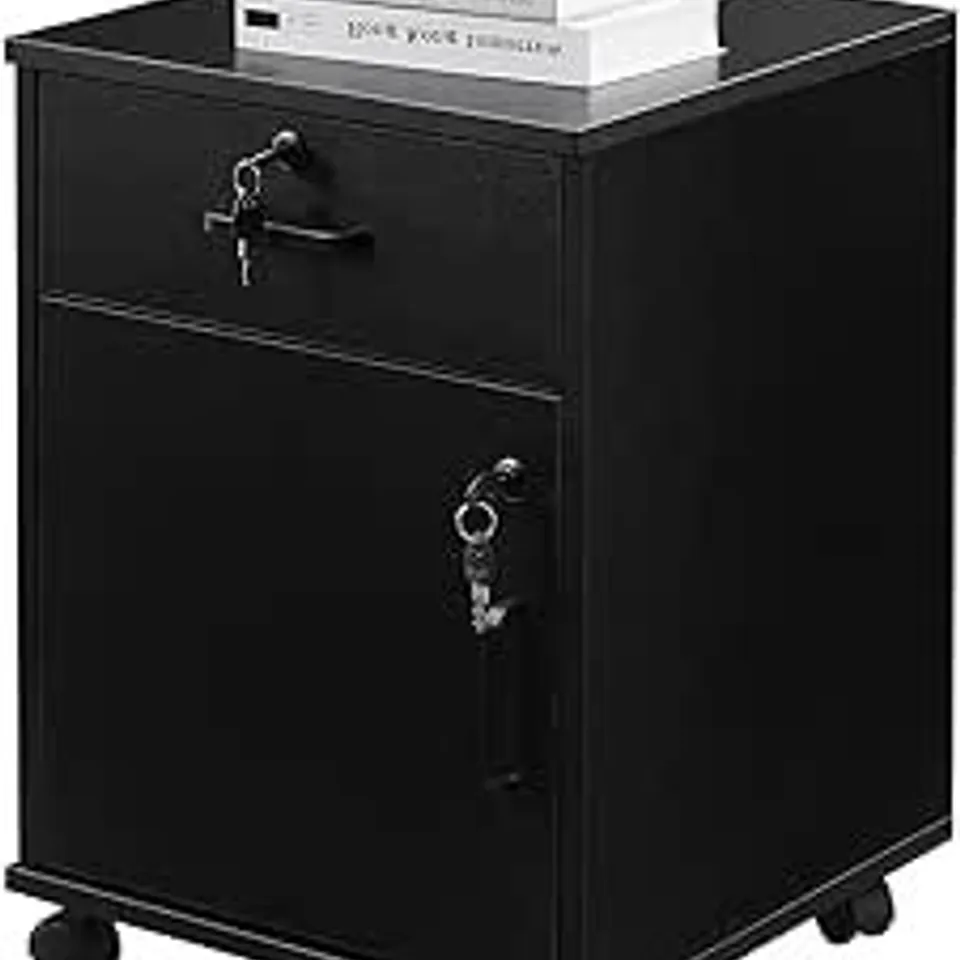 CLIPOP MODERN LOCKABLE FILE CABINET WOODEN DRAWER FILING CABINET WITH 1 CLOSED STORAGE AND 4 ROLLING WHEELS, HOME OFFICE MOBILE UNDER DESK CABINET FOR A4 PAPER,LETTERS AND FILE FOLDERS BLACK