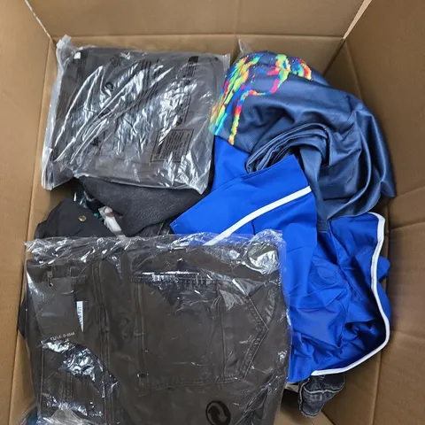 LARGE BOX OF ASSORTED CLOTHING ITEMS IN VARIOUS SIZES, STYLES AND COLOUR 