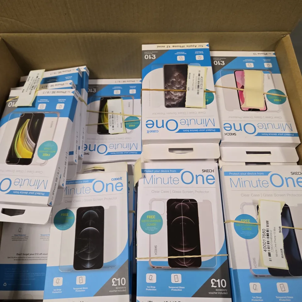 APPROXIMATELY 60 BOXED MINUTE ONE SCREEN PROTECTORS FOR VARIOUS IPHONE MODELS 