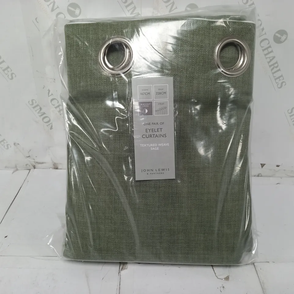 JOHN LEWIS ONE PAIR OF EYELET CURTAINS TEXTURED WEAVE SAGE