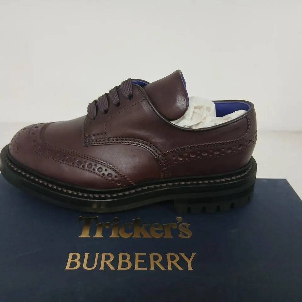 TRICKER'S FOR BURBERRY DERBY SHOES – AUBERGINE LEATHER, UK 2, RUBBER SOLE