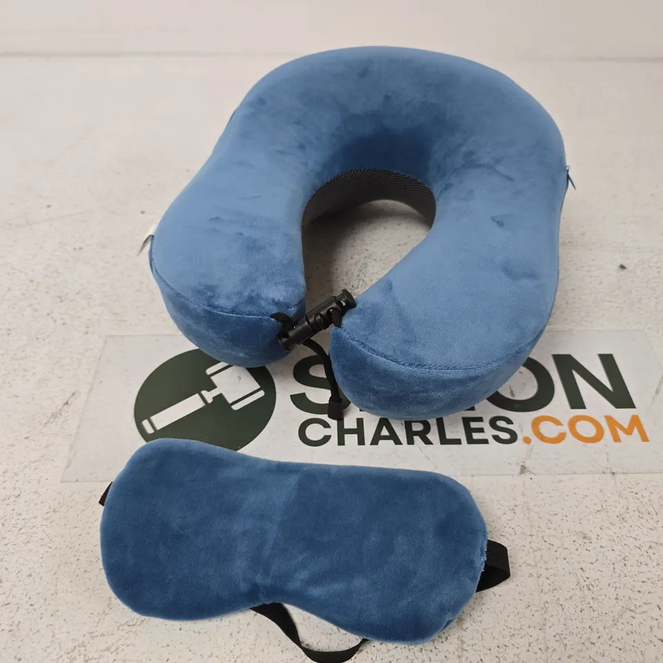 BLUE PLUSH TRAVEL NECK PILLOW WITH MATCHING EYE MASK