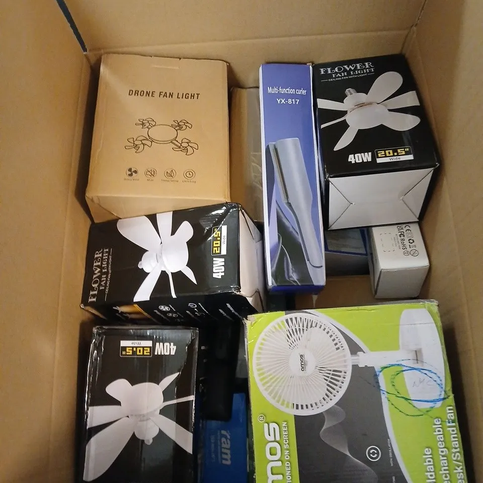 BOX OF APPROXIMATELY 10 ASSORTED ITEMS INCLUDING A FLOWER FAN LIGHT, AMOS FOLDABLE RECHARGEABLE DESK/STAND FAN AND A DRONE FAN LIGHT