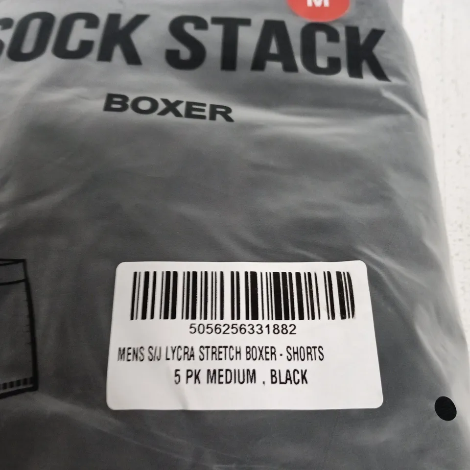 SOCK STACK MEN'S LYCRA STRETCH BOXER SHORTS 5-PACK, MEDIUM, BLACK