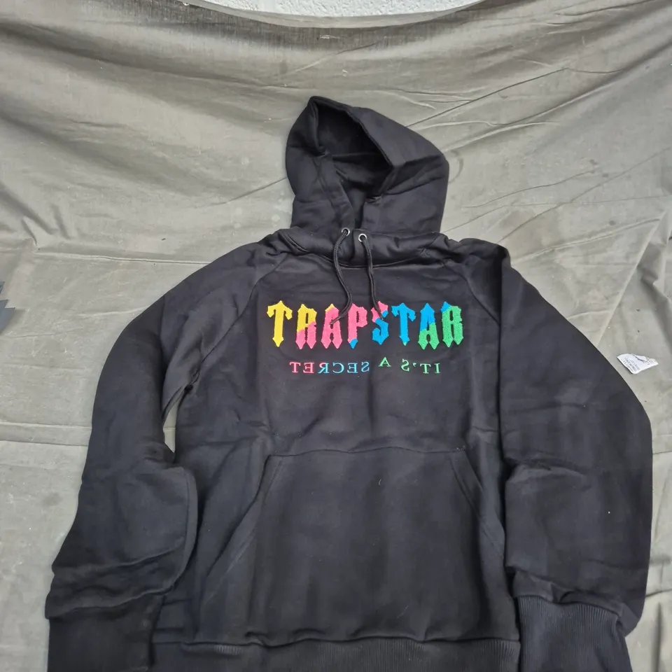 TRAPSTAR HOODIE – BLACK WITH RAINBOW LOGO PRINT SIZE L