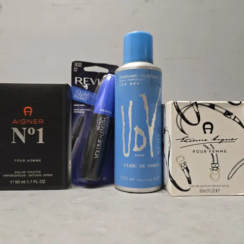 BOX OF APPROXIMATELY 20 ASSORTED HEALTH & BEAUTY ITEMS TO INCLUDE - AIGNER N01 EAU DE TOILETTE , VOY BLUE DEODORANT BODY SPRAY , REVLON VOLUME LENGTH MAGNIFIED ETC