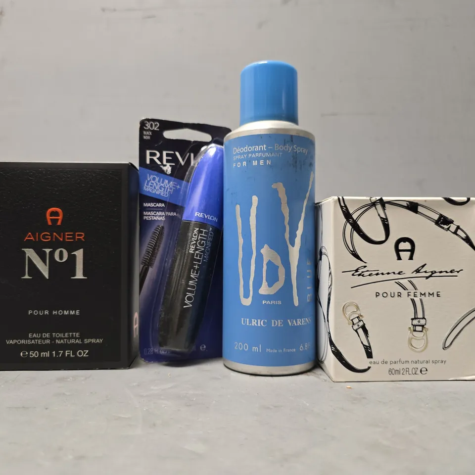 BOX OF APPROXIMATELY 20 ASSORTED HEALTH & BEAUTY ITEMS TO INCLUDE - AIGNER N01 EAU DE TOILETTE , VOY BLUE DEODORANT BODY SPRAY , REVLON VOLUME LENGTH MAGNIFIED ETC