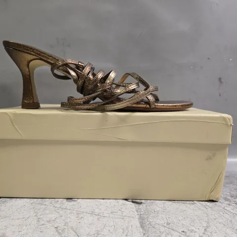 BOXED PAIR OF PUBLIC DESIRE OPEN TOE STRAPPY HEELED SANDALS IN METALLIC BRONZE SIZE UK 5