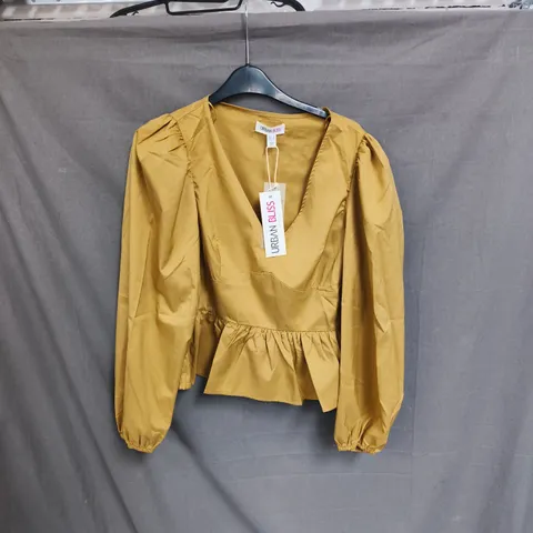BOX OF APPROXIMATELY 50 URBAN BLISS WOMEN'S MUSTARD BLOUSE – PUFF SLEEVES, PEPLUM HEM - SIZES 6 / 8 / 10 /12