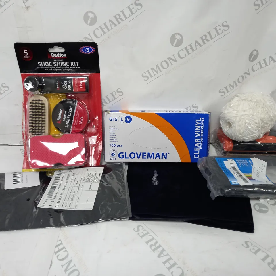 APPROXIMATELY 12 ITEMS TO INCLUDE REDFOX SHEO SHINE KIT, CABLE TIES, 100 POWDER FREE GLOVES, ETC