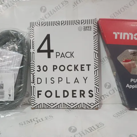 BOX OF APPROXIMATELY 15 ASSORTED HOUSEHOLD ITEMS TO INCLUDE PU FOAM APPLICATOR GUN, 4 PACK 30 POCKET DISPLAY FOLDERS, CLASSIC 19 CPAP TUBING, ETC