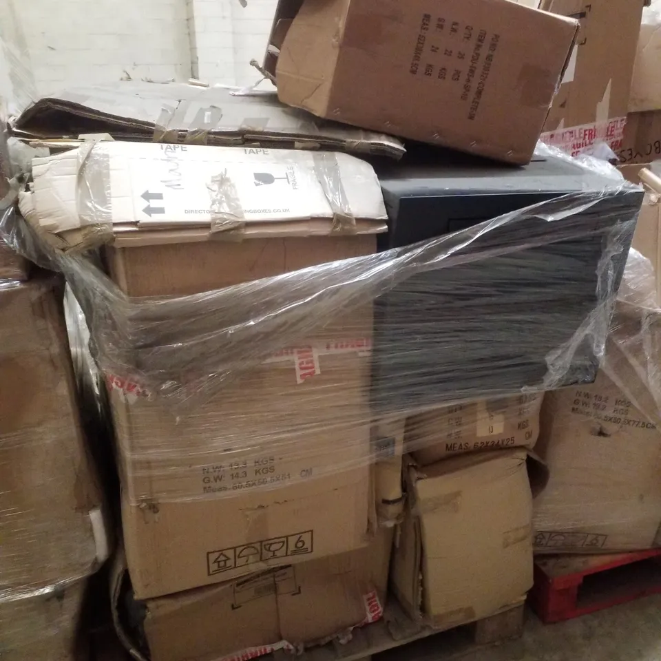 PALLET CONTAINING ASSORTED PRODUCTS INCLUDING NETWORK CABINET, EXTENSION CORDS, CCTV DVR, USB CHARGE CABLE & PC POWER SUPPLY