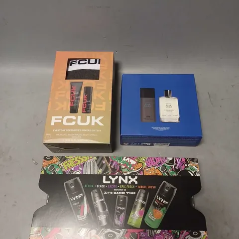 LOT OF 3 ASSORTED COSMETIC BOXSETS TO INCLUDE - FCUK BOXER GIFT SET - ZARA MAN BLUE SPIRIT EAU DE TOILETTE SET - LYNX GAME TIME BODY SPRAY COLLECTION