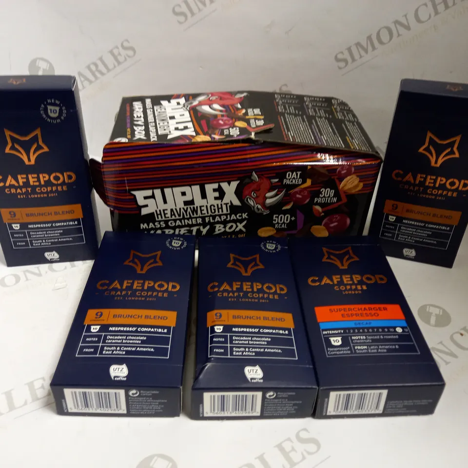 BOX OF APPROX 10 ITEMS TO INCLUDE UNION HAND ROASTED COFFEE, CAFEPODS IN ASSORTED FLAVOURS, SUPLEX MASS GAINER FLAPJACK