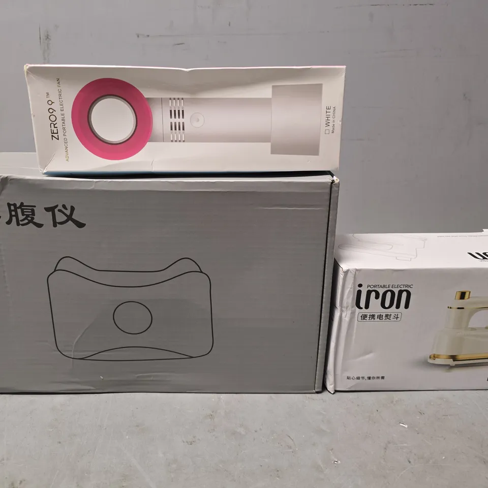 BOX OF APPROXIMATELY 20 ASSORTED ITEMS TO INCLUDE - PORTABLE IRON , SLIMMING MACHINE , ZERO9 PORTABLE FAN ETC