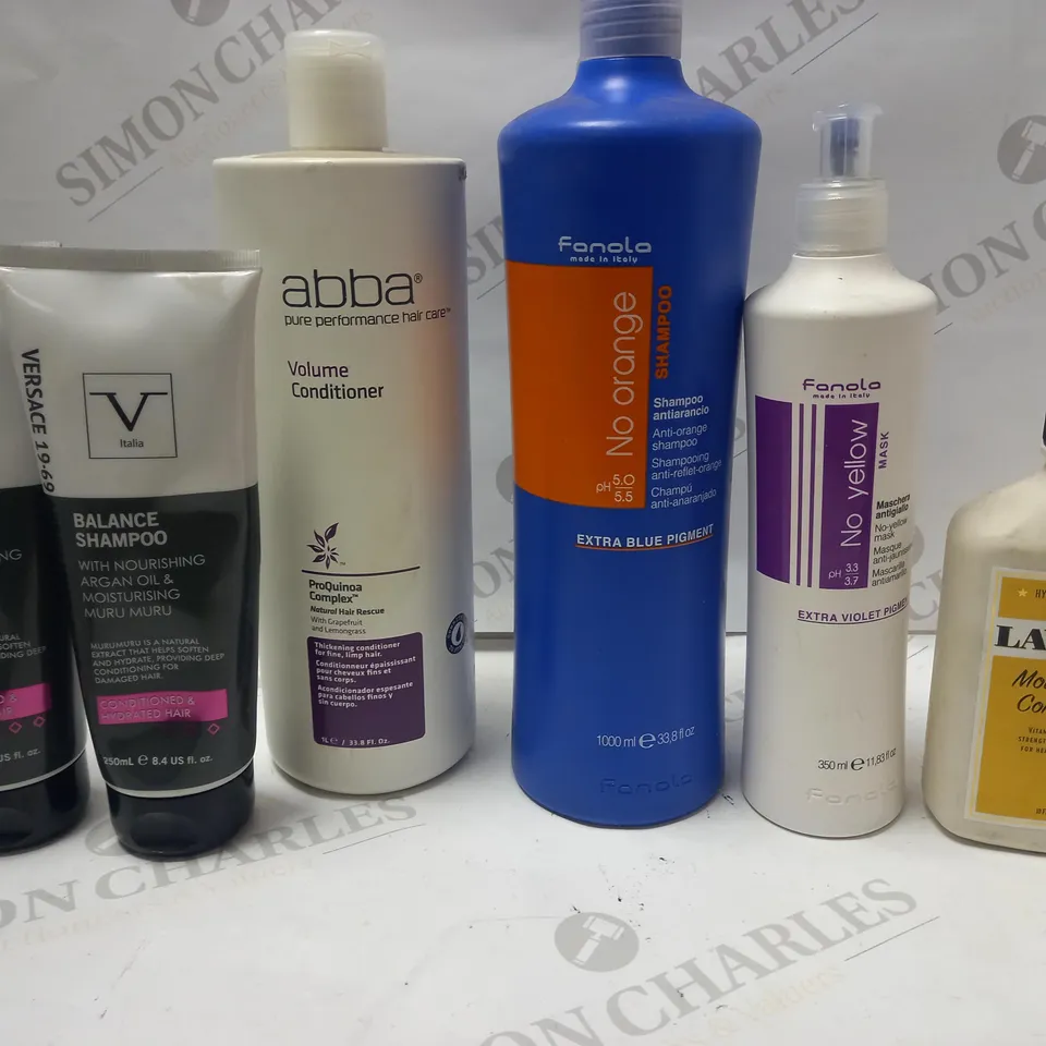 LOT OF 6 ASSORTED HAIR CARE PRODUCTS TO INCLUDE ABBA VOLUME CONDITIONER, FANOLA NO YELLOW MASK, MOISTURIZING CONDITIONER, ETC