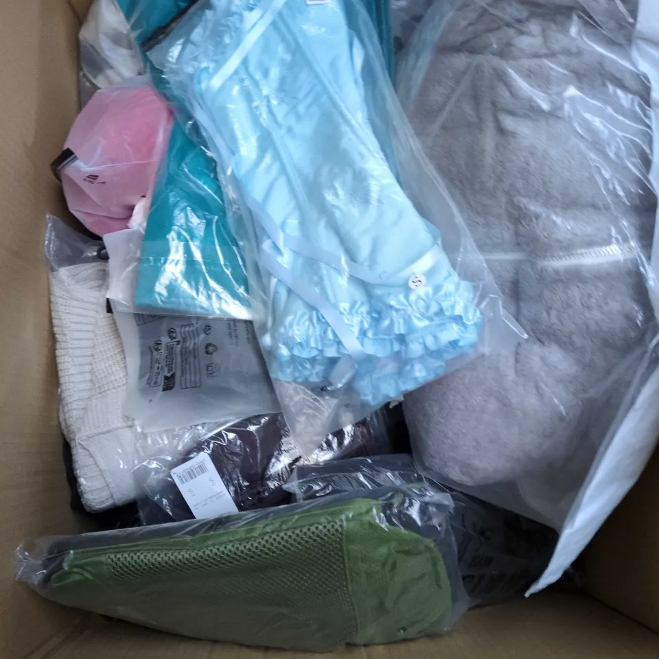 BOX OF APPROXIMATELY 20 ASSORTED CLOTHING ITEMS TO INCLUDE SKIRT, BOXERS, DRESS, ETC