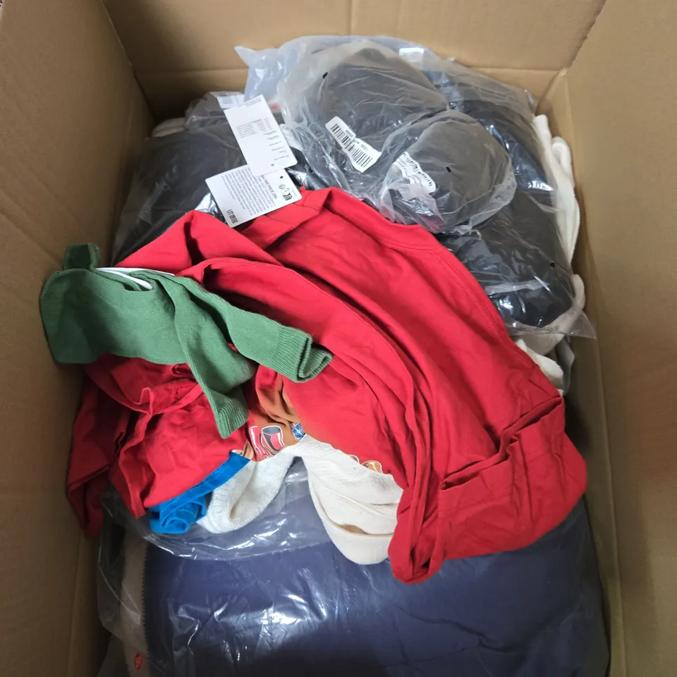 LARGE BOX OF ASSORTED CLOTHING ITEMS IN VARIOUS SIZES, STYLES AND COLOUR 