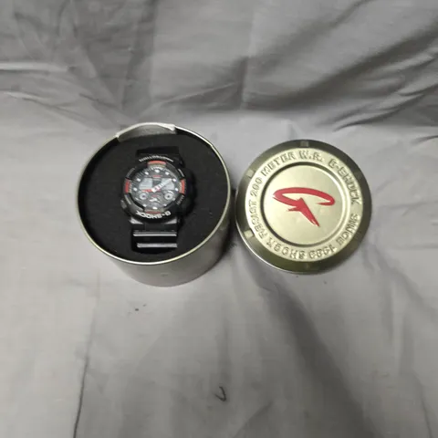 CASIO G-SHOCK BLACK SPORTS WATCH WITH RED ACCENTS – 200M WR, IN TIN BOX