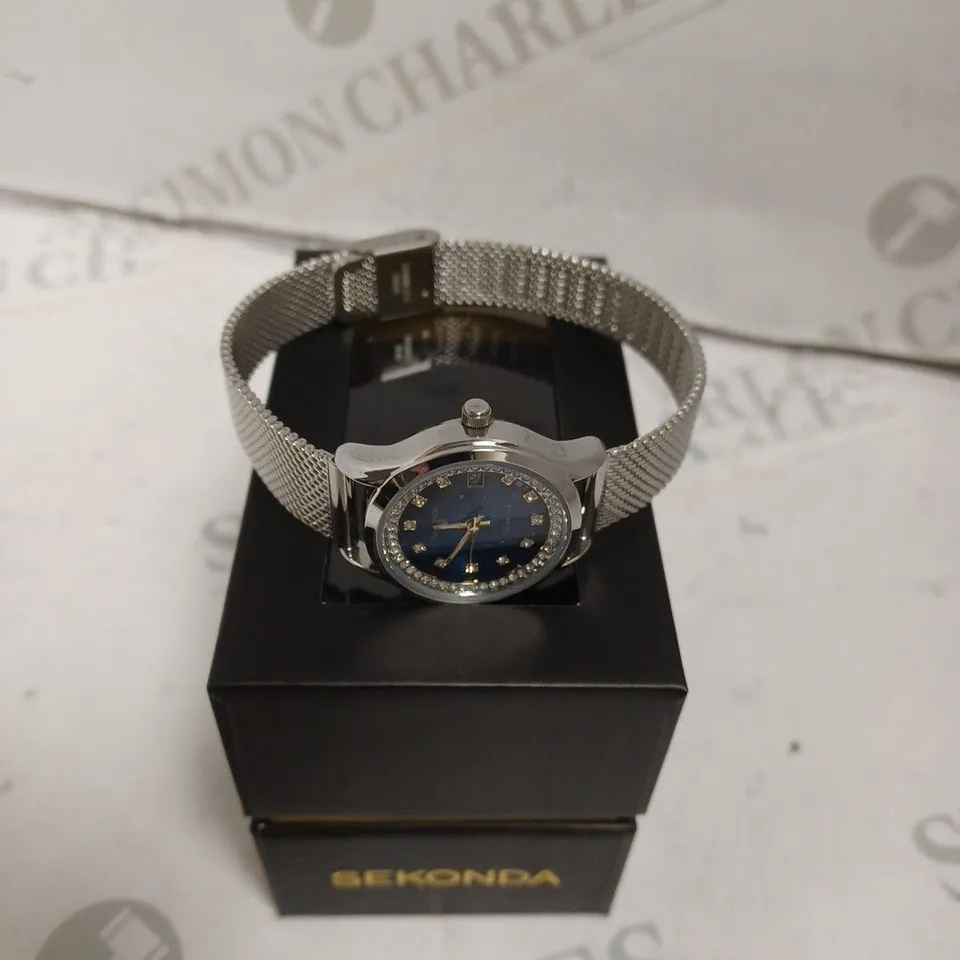 BOXED SEKONDA LADIES BLUE DIAL WATCH WITH MESH BRACELET - JAPAN MOVEMENT - 5 ATM. 