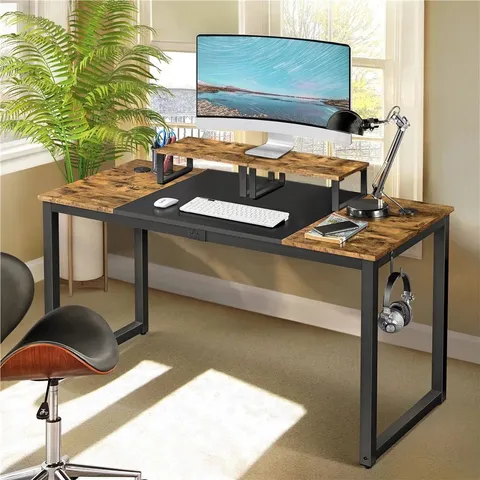 BOXED YAHEETECH LARGE COMPUTER DESK, OFFICE WORK DESK WITH MOVEABLE MONITOR STAND - RUSTIC BROWN (1 BOX)