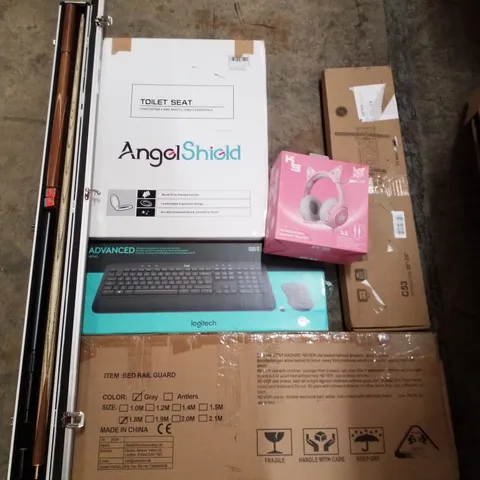 PALLET CONTAINING ASSORTED PRODUCTS INCLUDING TOILET SEAT, TV WALL MOUNT, BED RAIL GAURD, LOGITECH KEYBOARD & MOUSE SET, SNOOKER CUE