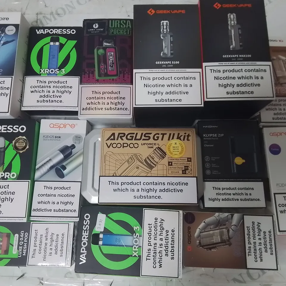 LOT OF ASSORTED E-CIGS AND PARTS TO INCLUDE VAPORESSO, GEEKVAPE AND ASPIRE