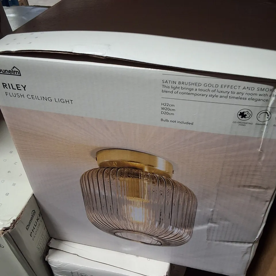 BOXED DUNELM RILEY FLUSH CEILING LIGHT – SATIN BRUSHED GOLD EFFECT WITH SMOKE GLASS SHADE