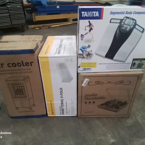 PALLET OF ASSORTED HOUSEHOLD ITEMS TO INCLUDE AIR COOLER, BODY COMPOSITION MONITOR AND AUDIO TURN TABLE