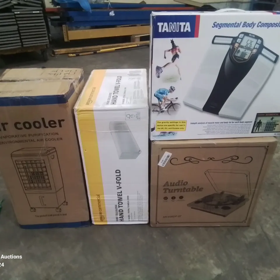 PALLET OF ASSORTED HOUSEHOLD ITEMS TO INCLUDE AIR COOLER, BODY COMPOSITION MONITOR AND AUDIO TURN TABLE