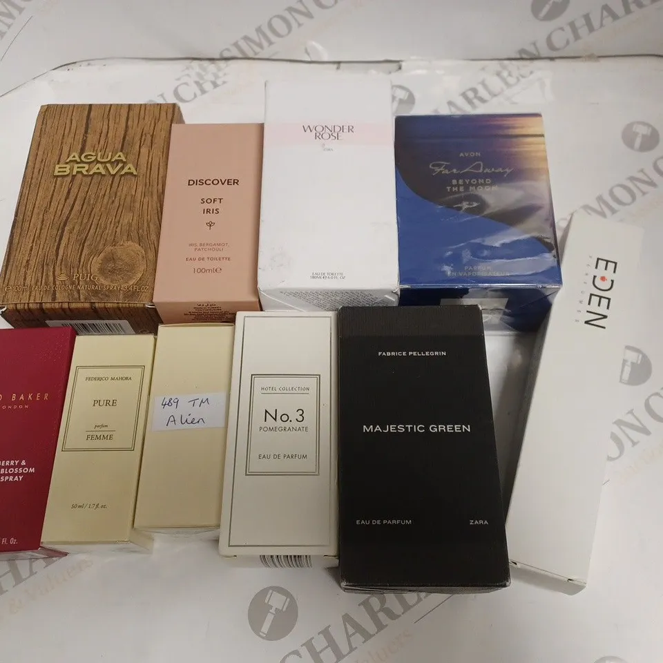 LOT OF 10 ASSORTED FRAGRENCES TO INCLUDE ZARA WONDER ROSE AND AVON FAR AWAY