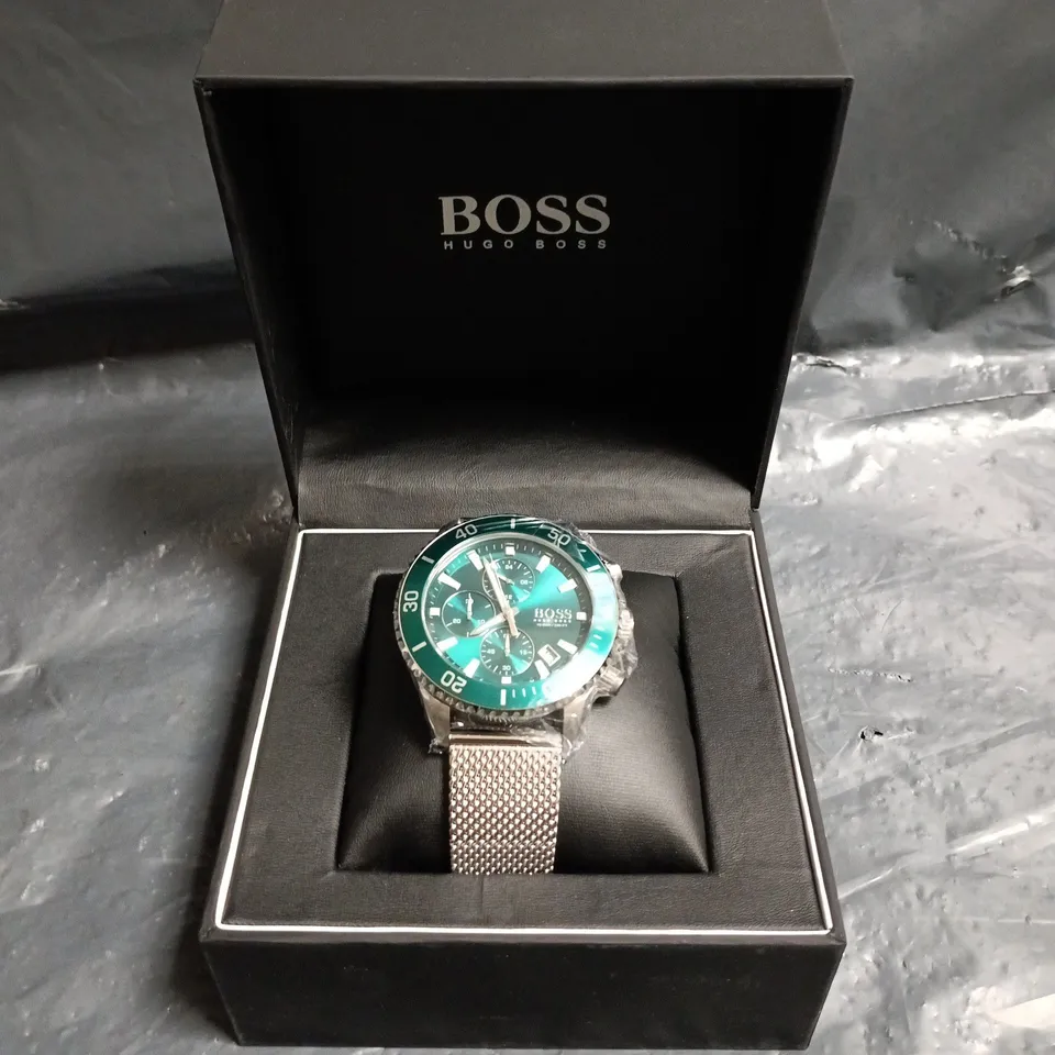 HUGO BOSS GREEN DIAL CHRONOGRAPH STAINLESS STEEL MESH WATCH – BOXED