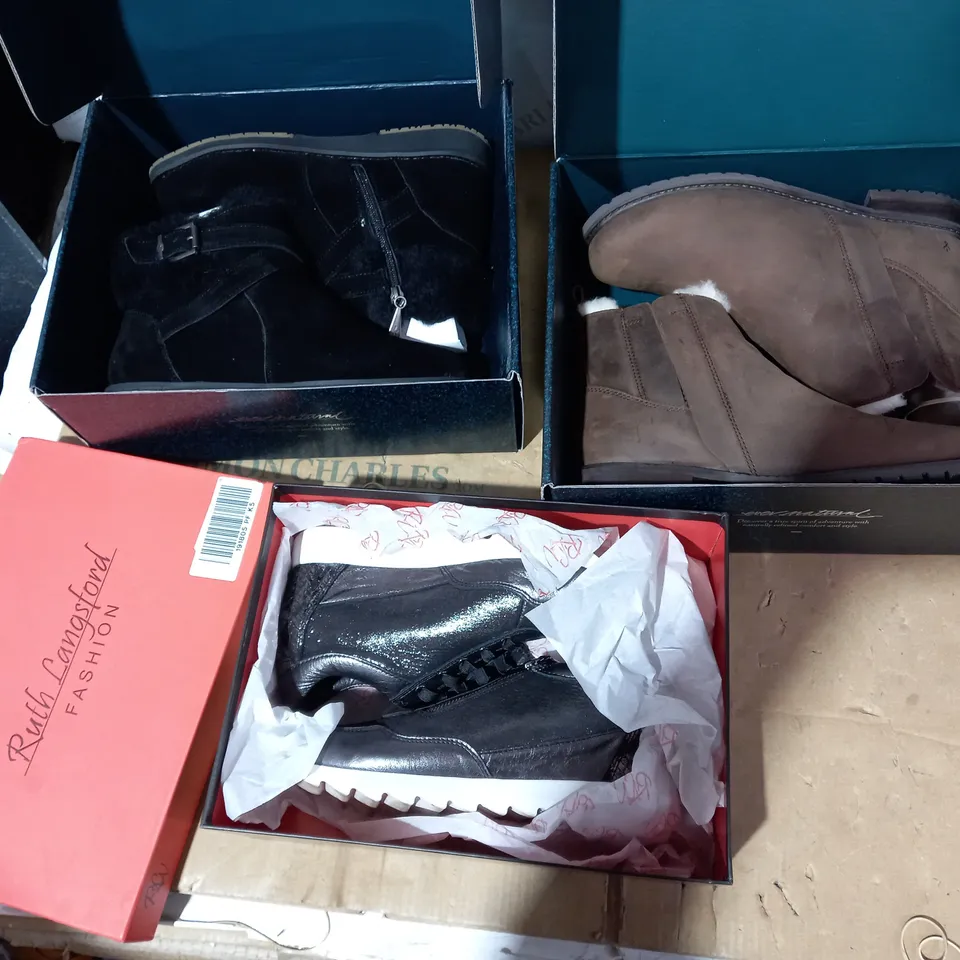 BOX OF APPROXIMATELY 8 ASSORTED DESIGNER FOOTWEAR ITEMS TO INCLUDE RUTH LANGSFORD SHOES, EMU AUSTRALIA BROWN BOOTS, EMU AUSTRALIA BLACK BOOTS ETC