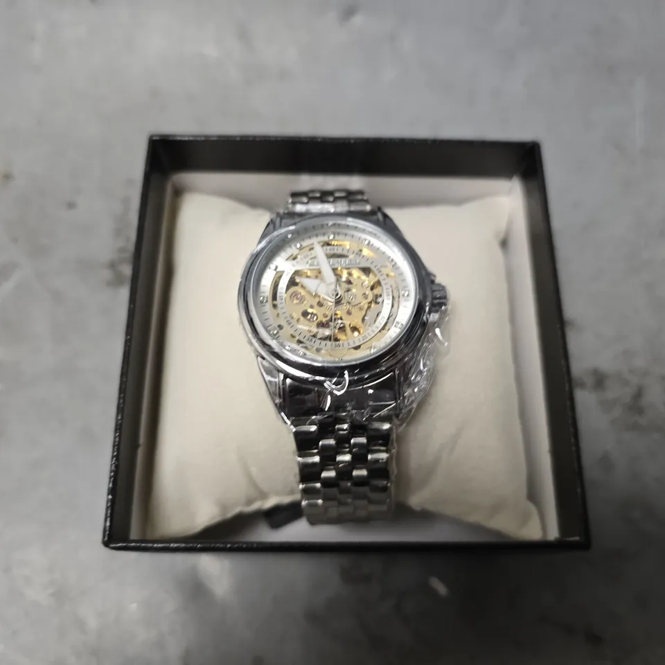 BOXED GLOBENFIELD EXHIBITION DIAL GENTS WATCH WITH SKELETON BACK CASE AND METAL STRAP