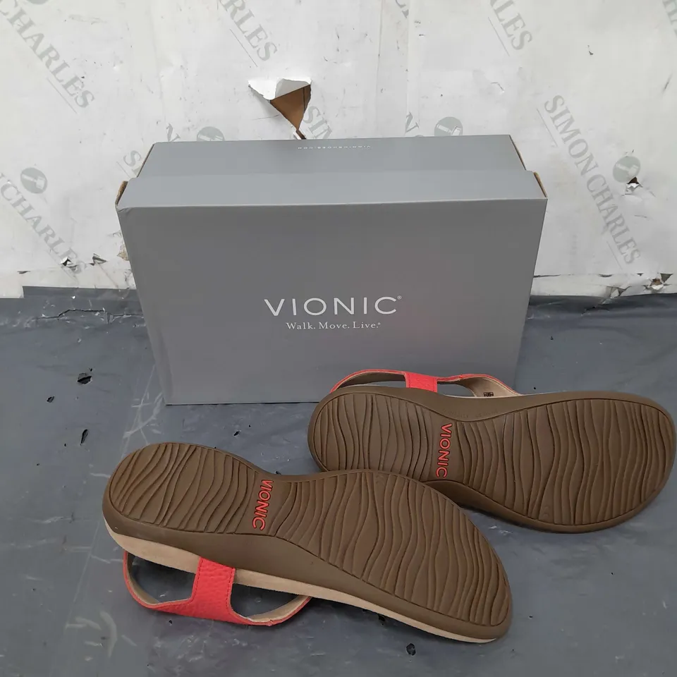 BOXED PAIR OF VIONIC RED SANDALS IN SIZE 7
