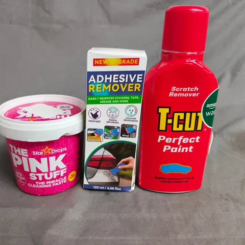 APPROX 10 ASSORTED ITEMS TO INCLUDE -CUT PAINT SCRATCH REMOVER, ADHESIVE REMOVER & THE PINK STUFF CLEANING PASTE 