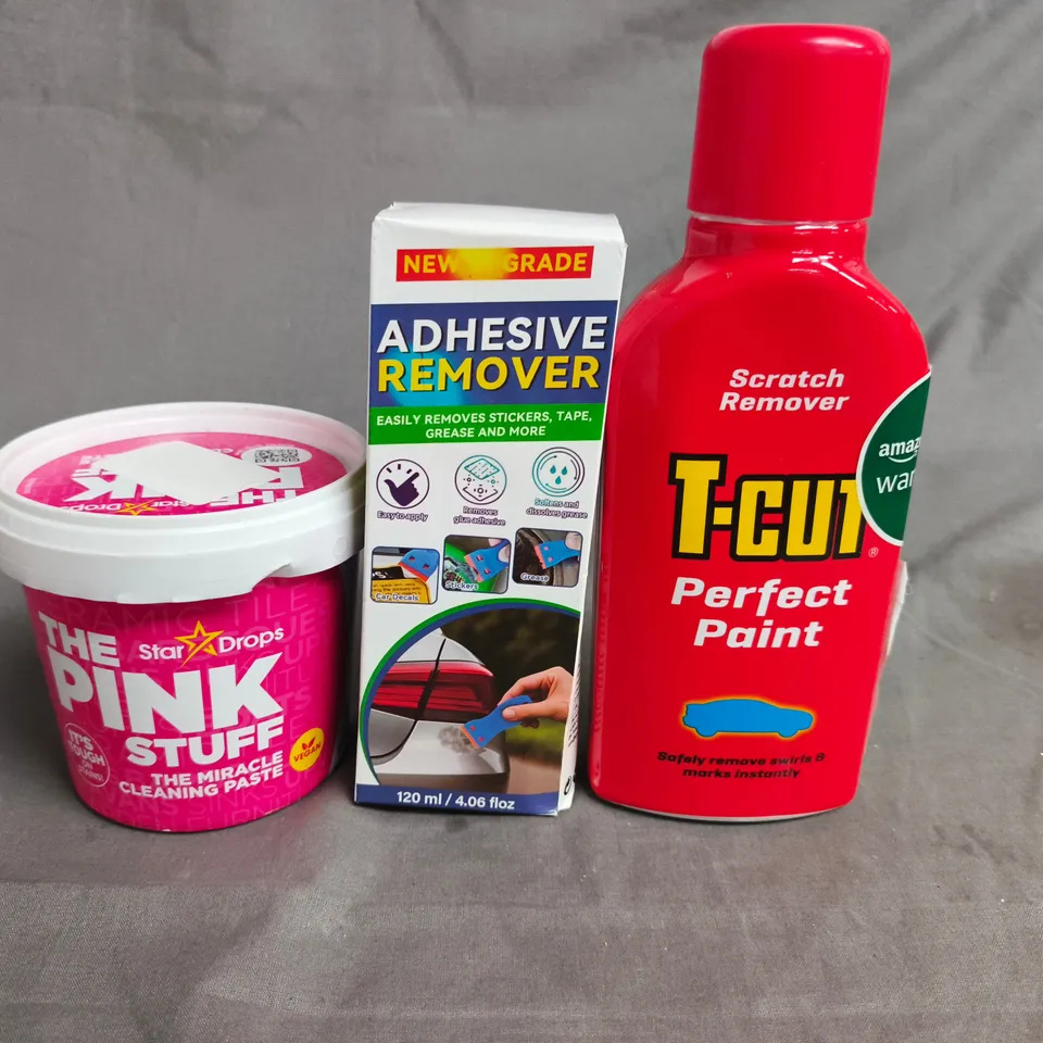 APPROX 10 ASSORTED ITEMS TO INCLUDE -CUT PAINT SCRATCH REMOVER, ADHESIVE REMOVER & THE PINK STUFF CLEANING PASTE 
