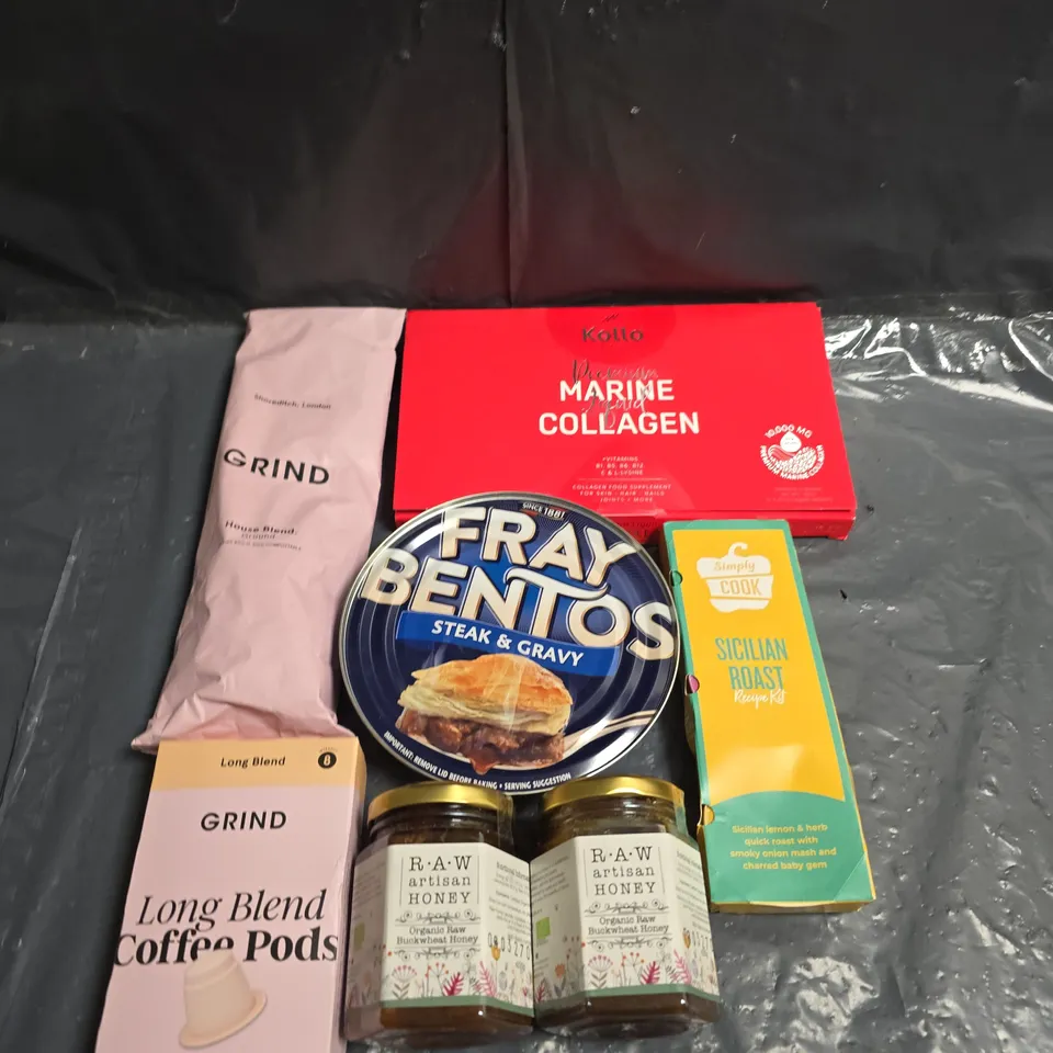 APPROXIMATELY 10 ASSORTED FOOD ITEMS TO INCLUDE - FRAY BENTOS, COFFEE PODS AND SIMPLY COOKS