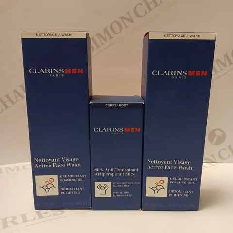 LOT OF 3 CLARINS MEN PRODUCTS TO INCLUDE ANTI-PERSPIRANT STICK & 2 X 125ML ACTIVE FACE WASH