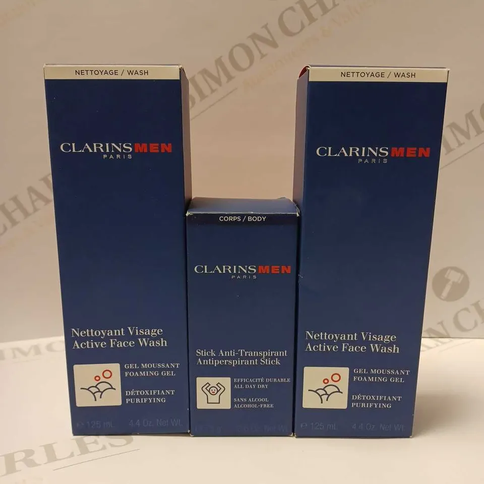 LOT OF 3 CLARINS MEN PRODUCTS TO INCLUDE ANTI-PERSPIRANT STICK & 2 X 125ML ACTIVE FACE WASH 