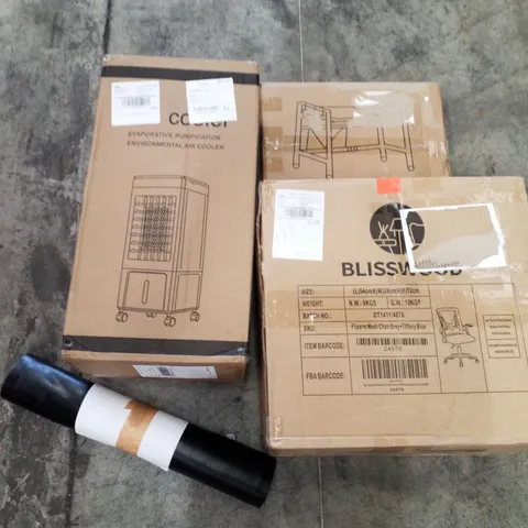 PALLET OF ASSORTED PRODUCTS INCLUDING MESH CHAIR GREY, ENVIRONMENTAL AIR COOLER, DOOR MAT, STOOL, TOILET SEAT