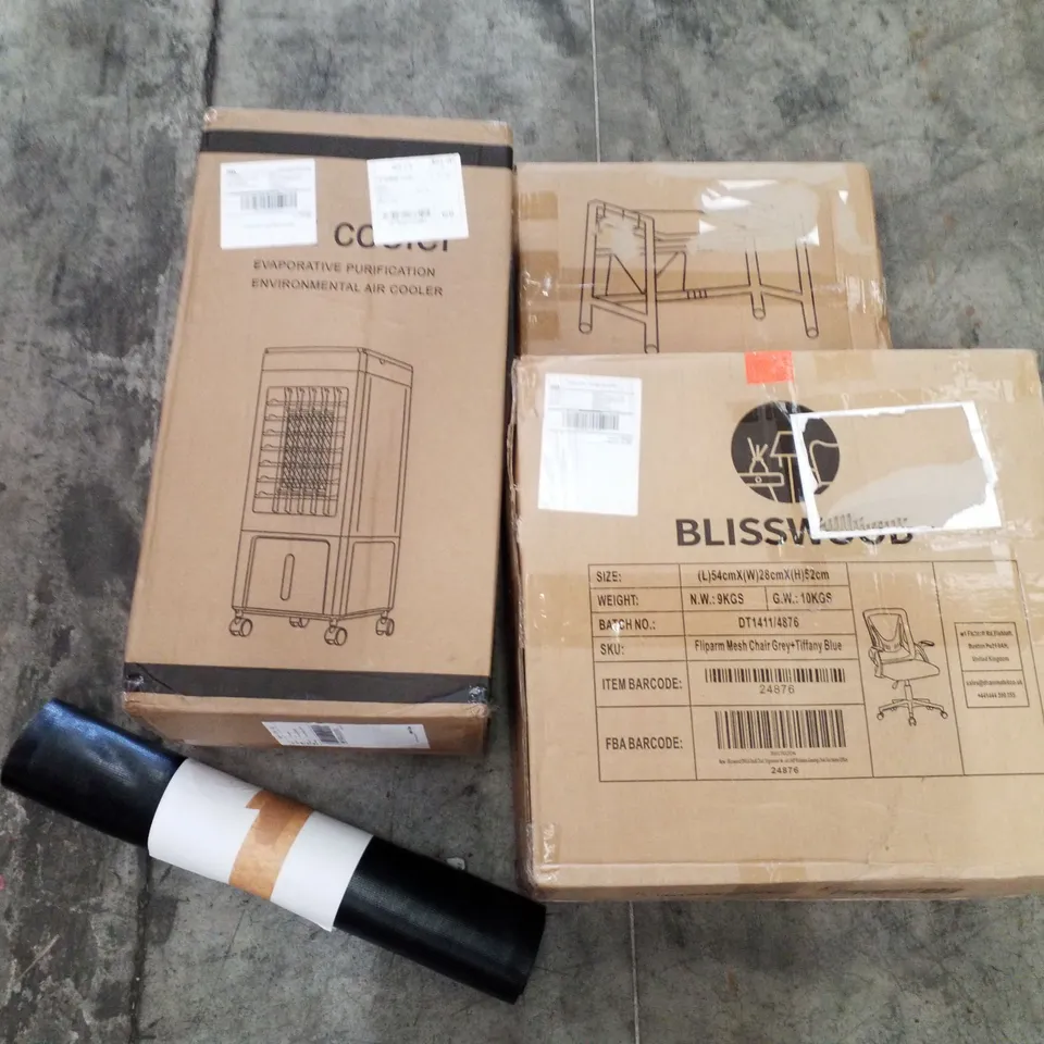 PALLET OF ASSORTED PRODUCTS INCLUDING MESH CHAIR GREY, ENVIRONMENTAL AIR COOLER, DOOR MAT, STOOL, TOILET SEAT 